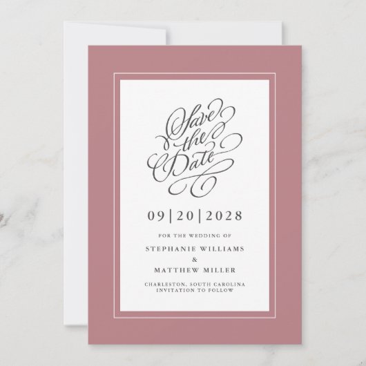 Save The Date Rose Dusty Élégant Mariage rose Script de calligra (Devant)