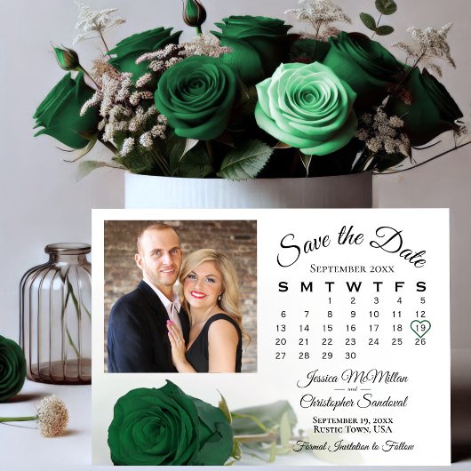 Save The Date Rose émérite unique vert Mariage Calendrier et pho
