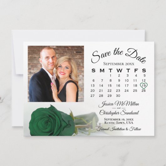 Save The Date Rose émérite unique vert Mariage Calendrier et pho (Devant)