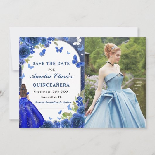 Save The Date Rose en argent bleu Quinceanera Photo (Devant)