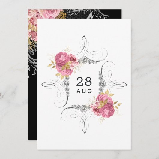Save The Date Rose et or et argent Floral Diamond Mariage Sa (Devant / Derrière)
