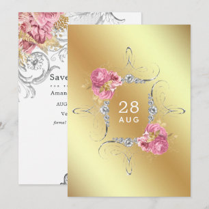 Save The Date Rose et Or et Fleurs Argent Diamant Mariage Sa