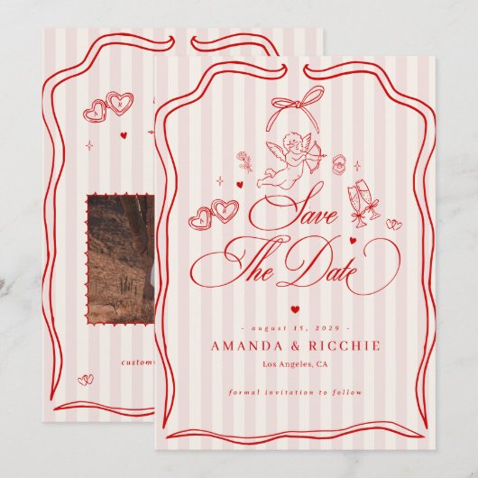 Save The Date Rose et Rouge Cupidon Vintage (Devant / Derrière)