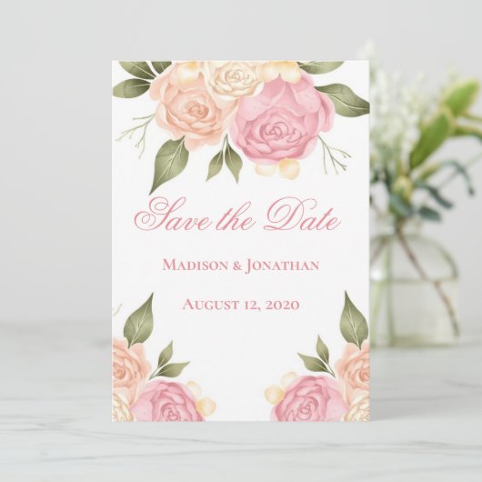 Save The Date Rose Floral Aquarelle Mariage Enregistrer La Date (Debout devant)