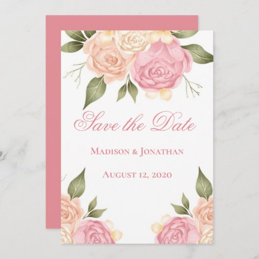 Save The Date Rose Floral Aquarelle Mariage Enregistrer La Date (Devant / Derrière)