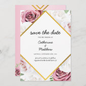 Save The Date Rose Floral Blush Or Géométrique (Devant / Derrière)