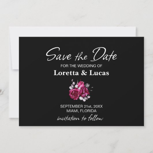 Save The Date Rose Floral Noir Mariage Enregistrer la date (Devant)