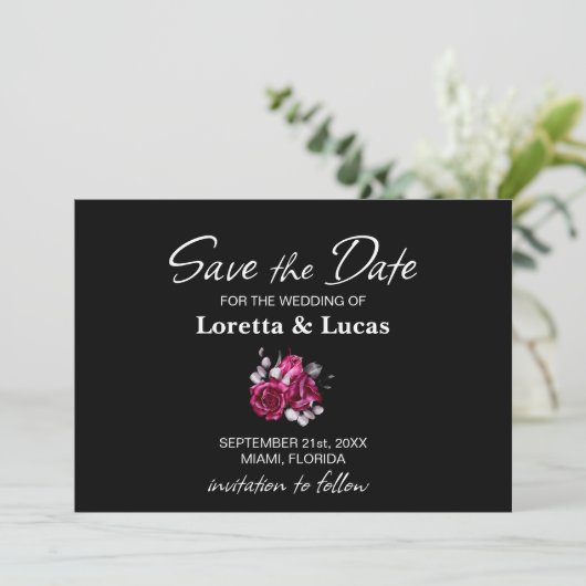 Save The Date Rose Floral Noir Mariage Enregistrer la date (Debout devant)