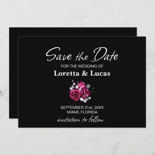 Save The Date Rose Floral Noir Mariage Enregistrer la date (Devant / Derrière)