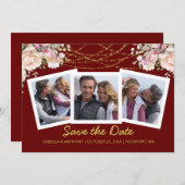Save The Date Rose Floral Rose Gold Burgundy 3 Photo (Devant / Derrière)