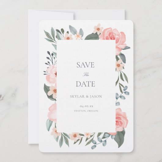 Save The Date Rose Florale Aquarelle Rose Pâle & Feuillage Sage (Devant)
