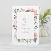 Save The Date Rose Florale Aquarelle Rose Pâle & Feuillage Sage (Debout devant)