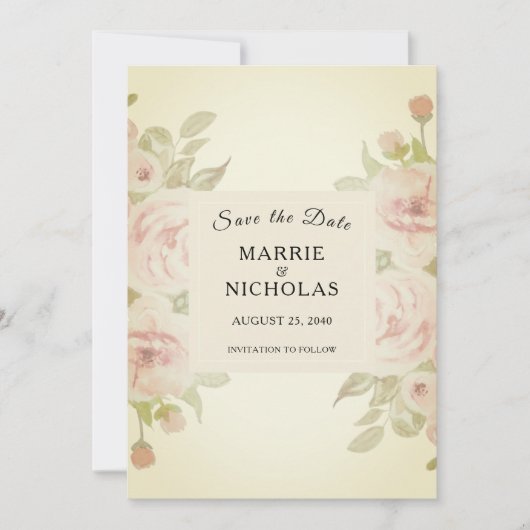 Save The Date Rose Florale Aquarelle Vert Feuillage Rose Pâle Vi (Devant)