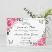 Save The Date Rose Fuchsia Floral Argent Quinceañera XV Annivers (Debout devant)