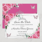 Save The Date Rose Fuchsia Floral Argent Quinceañera XV Annivers (Devant / Derrière)
