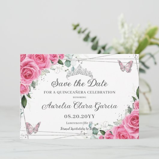 Save The Date Rose Fuchsia Floral Argent Quinceanera XV Douze An (Debout devant)