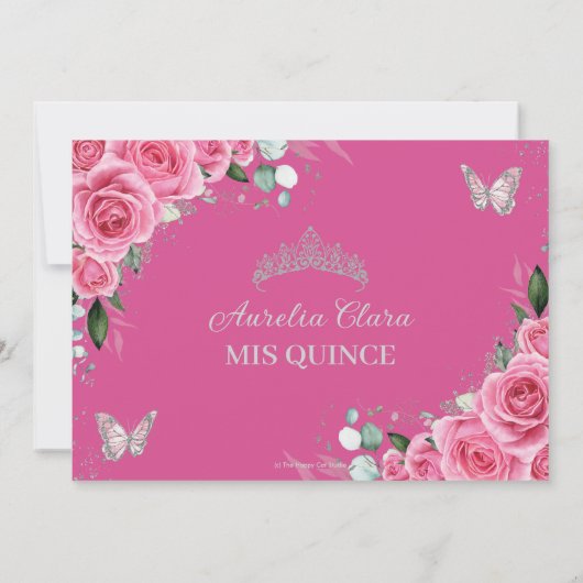 Save The Date Rose Fuchsia Floral Argent Quinceanera XV Douze An (Dos)