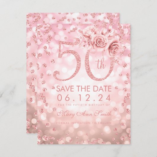 Save The Date Rose Gold 50th Birthday Glam Lights Enregistrer la (Devant / Derrière)