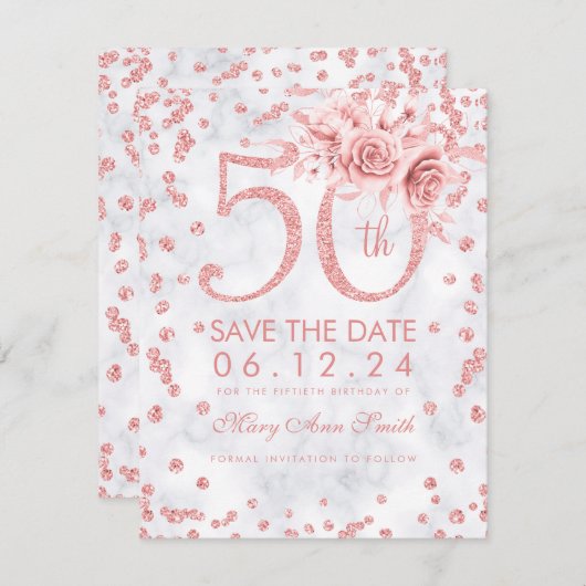Save The Date Rose Gold 50th Birthday Glam Marble (Devant / Derrière)