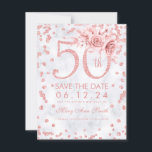 Save The Date Rose Gold 50th Birthday Glam Marble<br><div class="desc">Elégant design "50th Birthday Party" avec Parties scintillant d'or Rose Confetti & Glam Marble,  nom personnalisé et détails texte. Facile à utiliser et facile à personnaliser. Commandez aujourd'hui !</div>