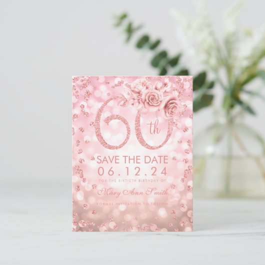 Save The Date Rose Gold 60th Birthday Glam Lights Enregistrer la (Debout devant)