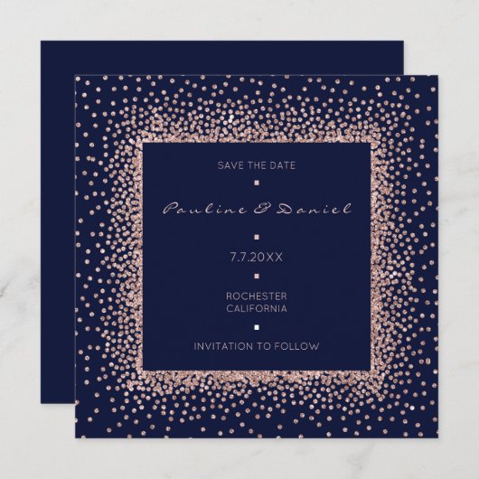 Save The Date Rose Gold Bleu Nuit Paillettes Monogramme Enregist (Devant / Derrière)