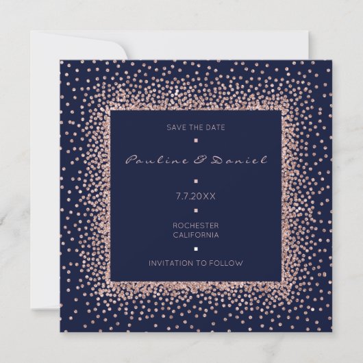 Save The Date Rose Gold Bleu Nuit Paillettes Monogramme Sauvegar (Devant)