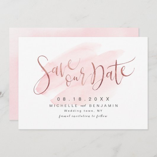Save The Date Rose Gold Blush Modern Simple Script Enregistrer L (Devant / Derrière)