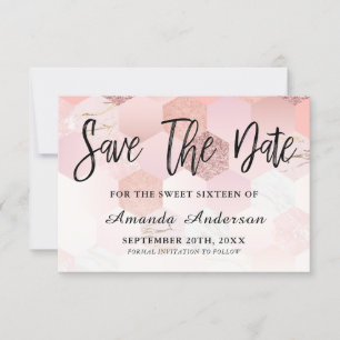Save The Date Rose Gold Brush Script Sweet 16