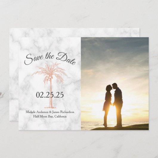Save The Date Rose Gold Copper Palm Tree Marble Photo Mariage (Devant / Derrière)