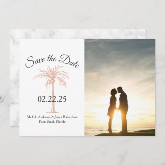 Save The Date Rose Gold Cuivre Palm Tree Photo Marble Mariage (Devant / Derrière)