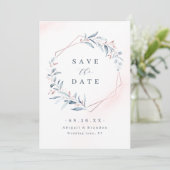 Save The Date Rose Gold Dusty Blue Greenery Mariage géométrique (Debout devant)