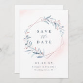 Save The Date Rose Gold Dusty Blue Greenery Mariage géométrique  (Devant / Derrière)