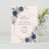 Save The Date Rose Gold Dusty Pink Navy Floral Enregistrer la da (Debout devant)