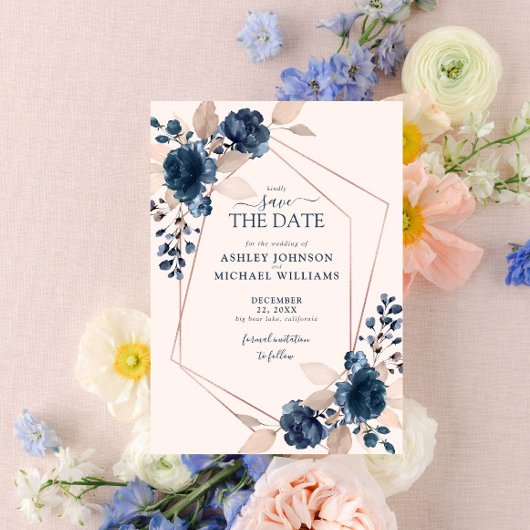 Save The Date Rose Gold Dusty Pink Navy Floral Enregistrer la da