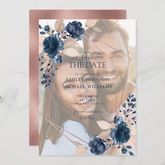 Save The Date Rose Gold Dusty Pink Navy Photo Enregistrer la dat (Devant / Derrière)