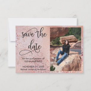 Save The Date Rose Gold Élégant Faux Feuille et Photo Pailletée