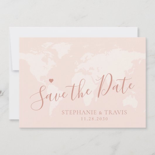 Save The Date Rose Gold Enregistrer la date World Map Destinatio (Devant)