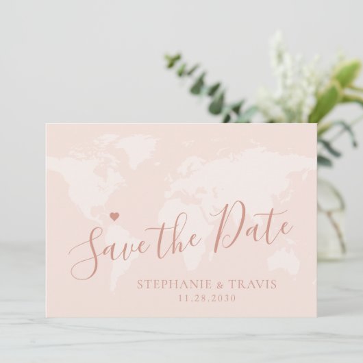 Save The Date Rose Gold Enregistrer la date World Map Destinatio (Debout devant)