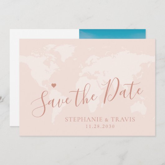 Save The Date Rose Gold Enregistrer la date World Map Destinatio (Devant / Derrière)