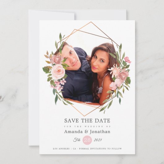 Save The Date Rose Gold et Blush Géométrique Photo de Mariage (Devant)