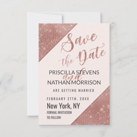 Save The Date Rose Gold Faux Sparkling Parties scintillant Sequi (Devant)