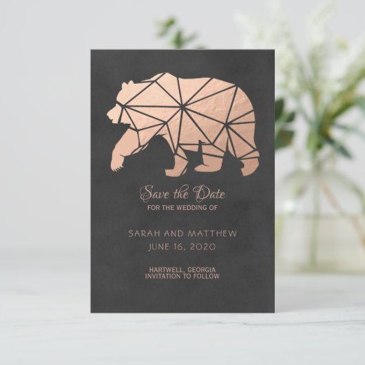 Save The Date Rose Gold Foil Geo Bear Wedding Enregistrer la dat (Debout devant)