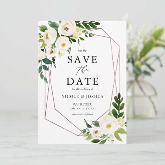 Save The Date Rose Gold Foil Geométrique Blanc Floral Frame Spri (Debout devant)