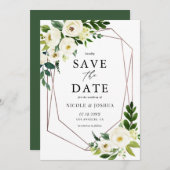 Save The Date Rose Gold Foil Geométrique Blanc Floral Frame Spri (Devant / Derrière)