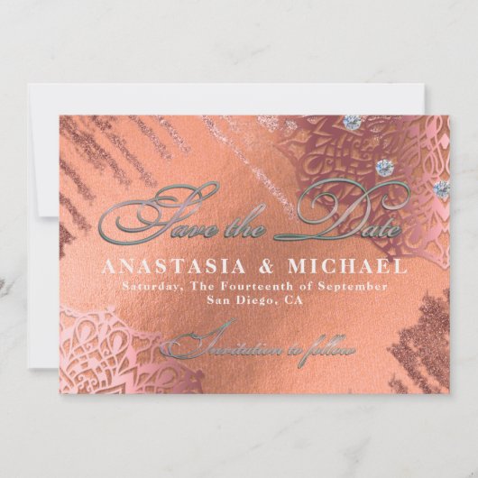 Save The Date Rose Gold Foil Luxe Glam Élégant Mariage élégant (Devant)
