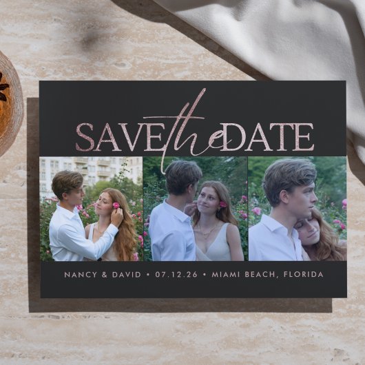 Save The Date Rose Gold Glitter Script 3 Photo Collage Wedding 