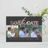Save The Date Rose Gold Glitter Script 3 Photo Collage Wedding  (Debout devant)