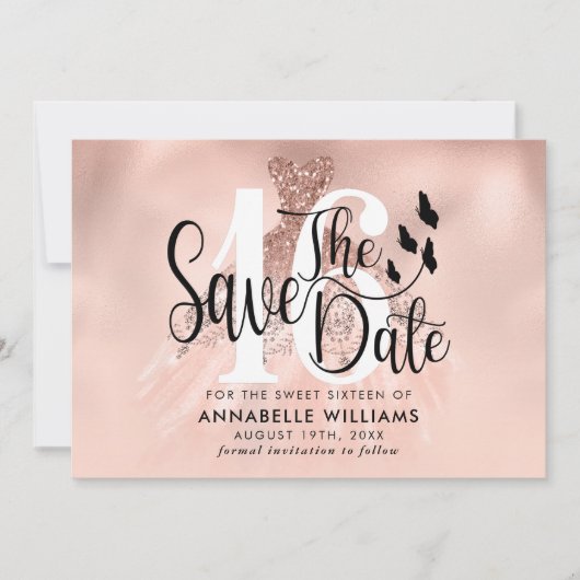 Save The Date Rose Gold Gown 16th Birthday Party Enregistrer la  (Devant)