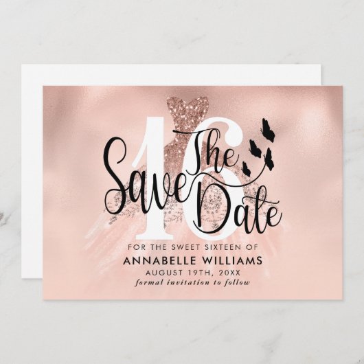 Save The Date Rose Gold Gown 16th Birthday Party Enregistrer la  (Devant / Derrière)